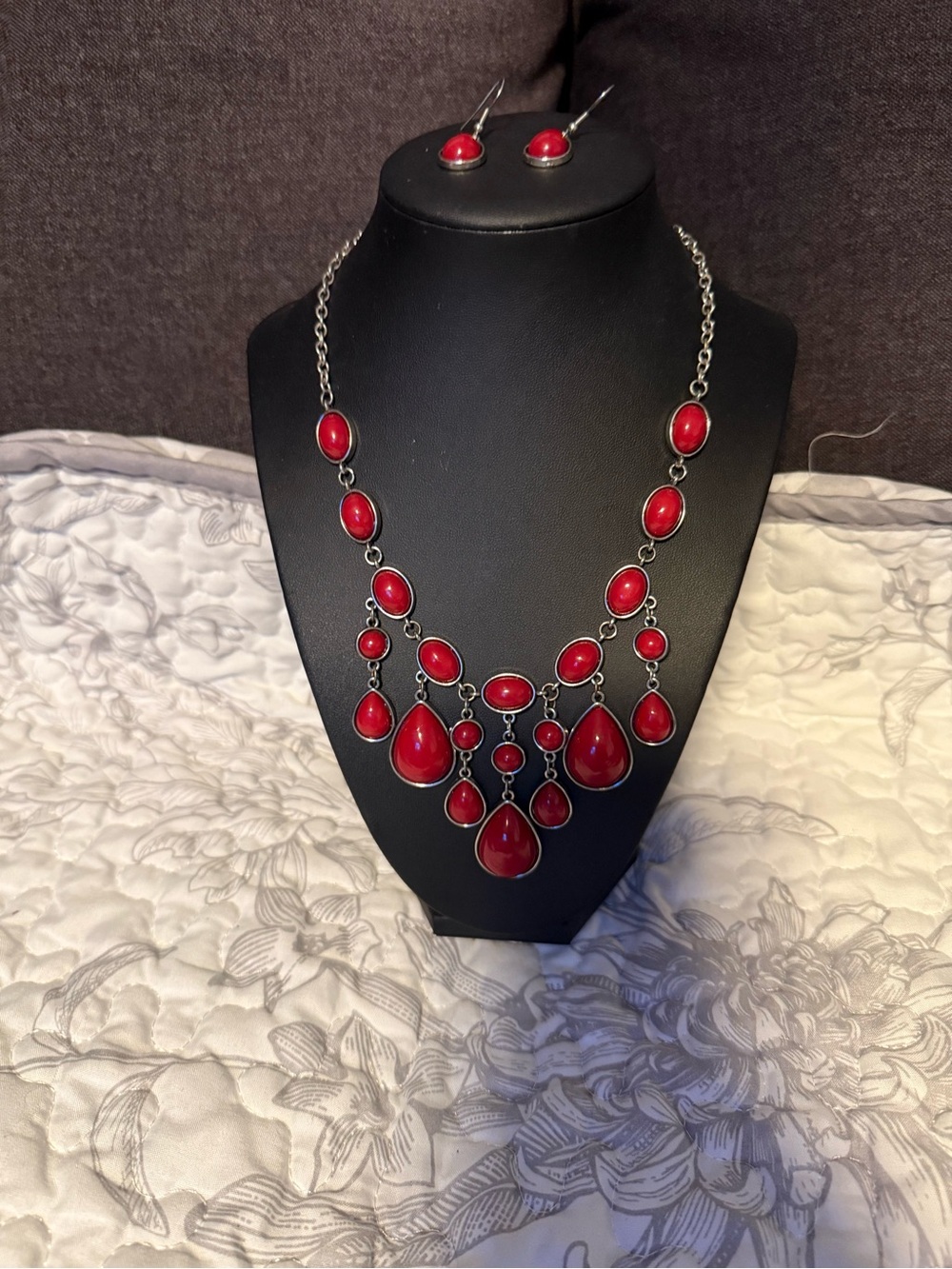 Red Statement Bib Necklace and Earrings Set